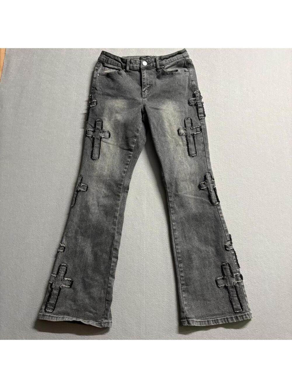 Ashley Mason Premium Cross Patch Flare Jeans Womens Size 5/27 Gray Denim